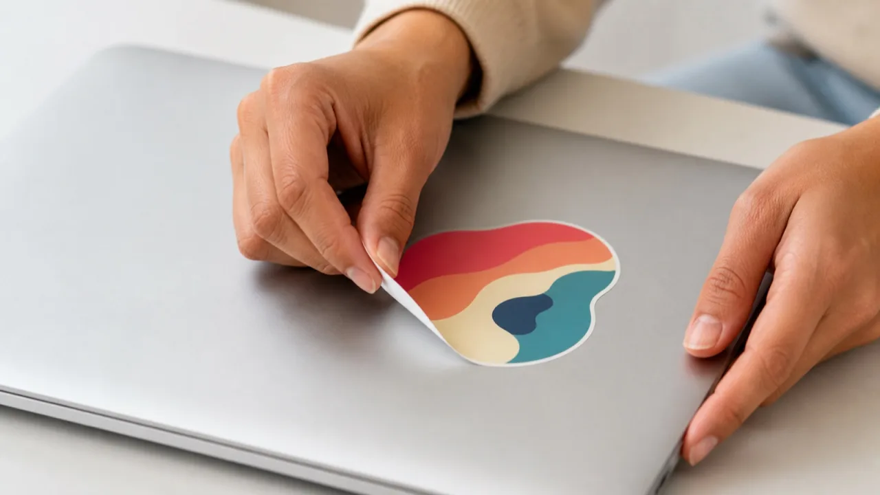 Two hands lifting a vinyl sticker off a laptop lid, leaving the surface clean behind it